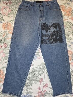 90s Boss Blue Denim Jeans with Dragon Stenciling
